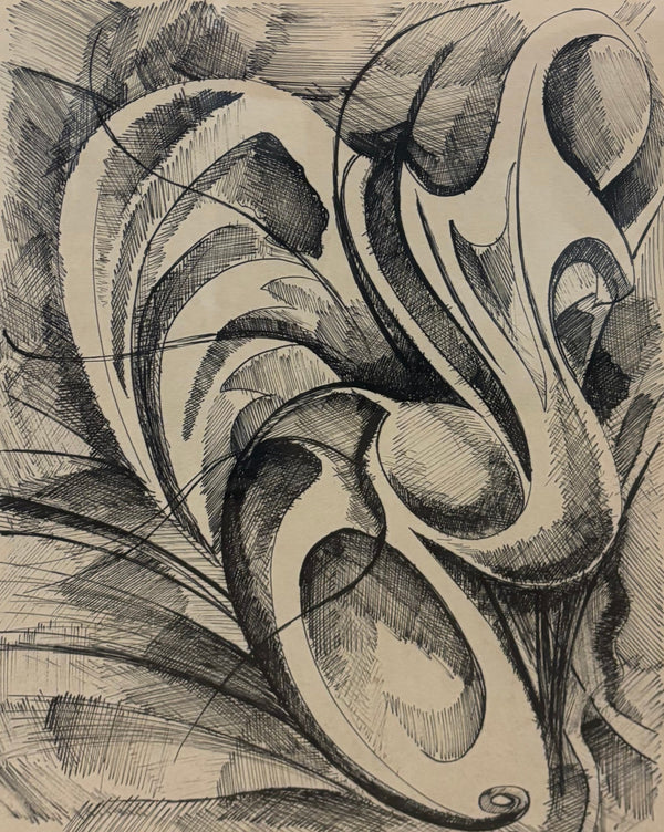 French abstract pen and ink drawing, newly framed in walnut