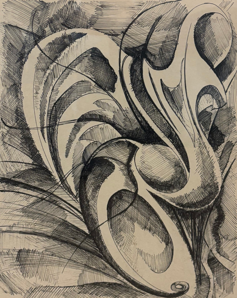 French abstract pen and ink drawing, newly framed in walnut