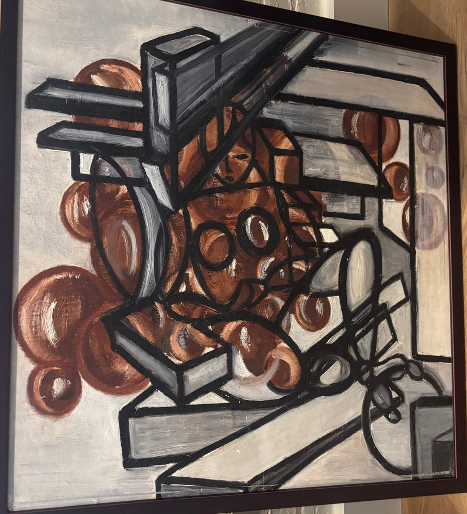 French abstract geometric oil painting, newly framed in mahogany