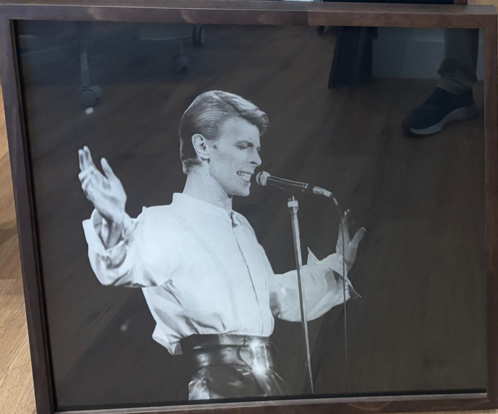David Bowie performance photograph, newly framed in hazelnut moulding