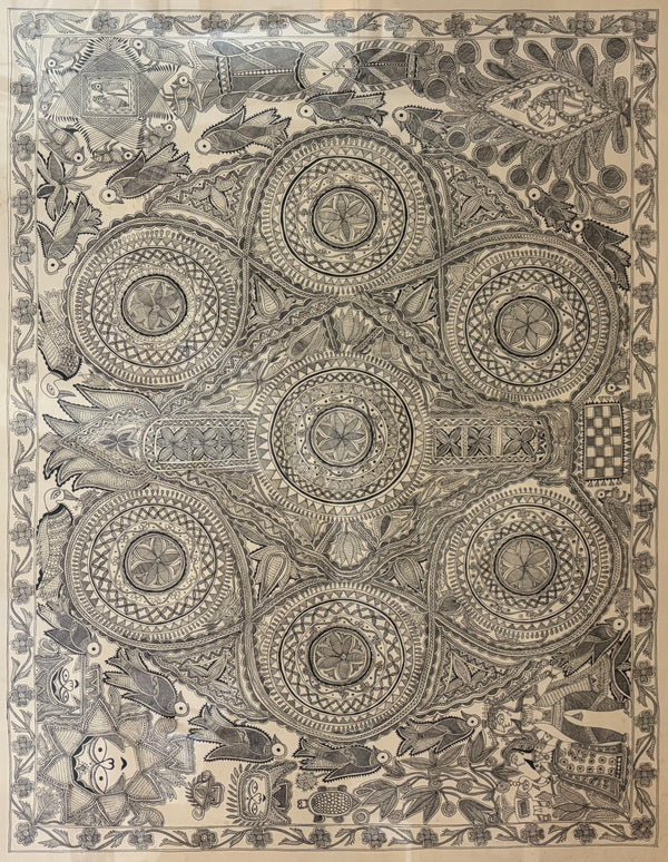 Madhubani Mithila pen and ink painting, newly framed in mahogany