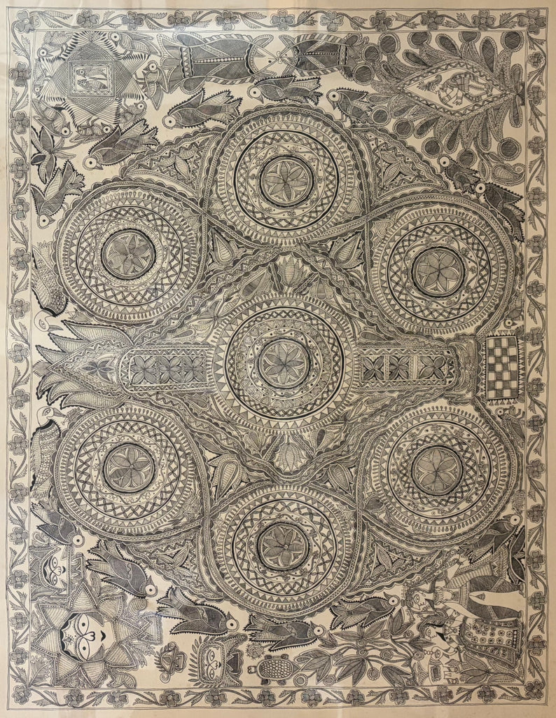 Madhubani Mithila pen and ink painting, newly framed in mahogany