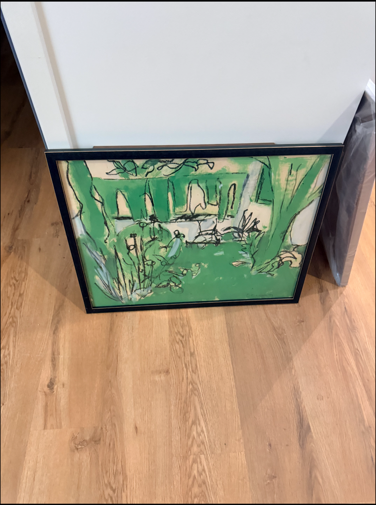 French Abstract Gouache in Green c. 1950, framed