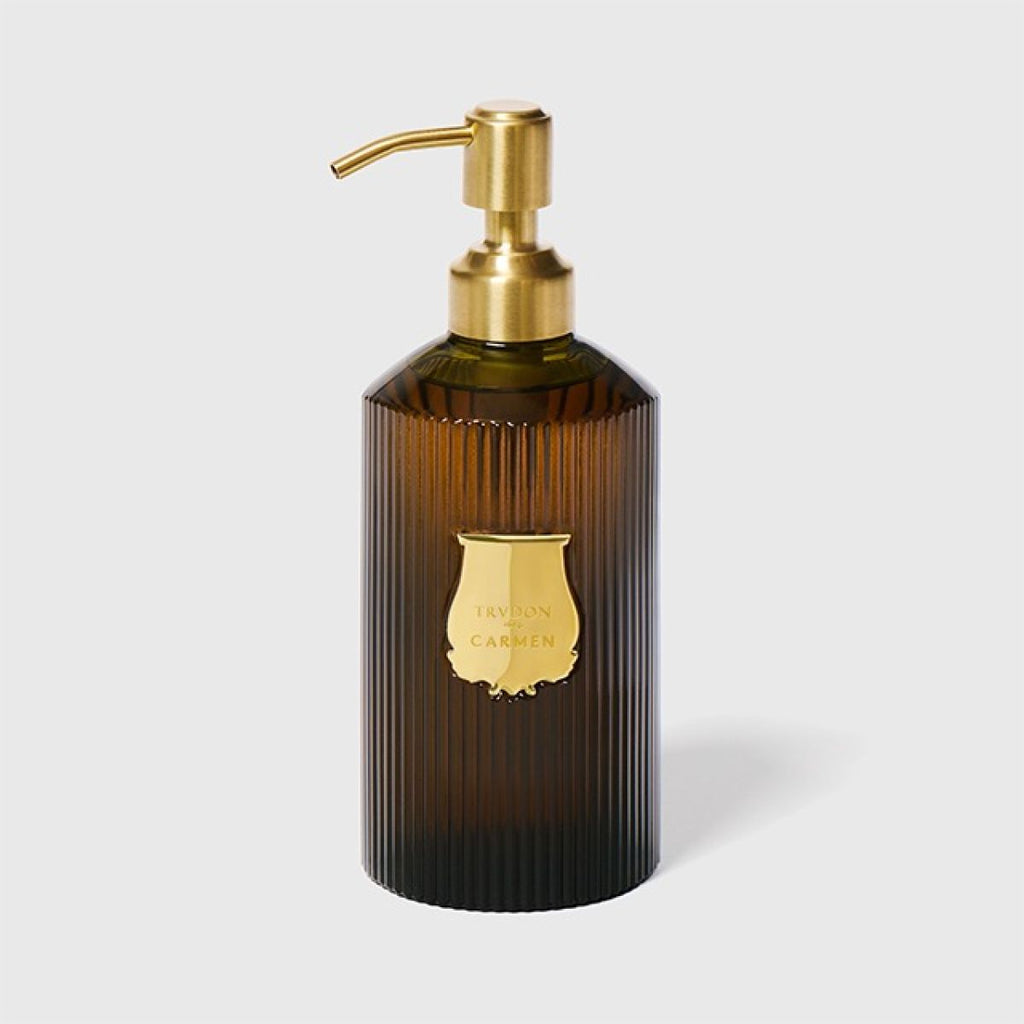 Trudon Carmen scented hand soap in fluted amber glass with brass pump